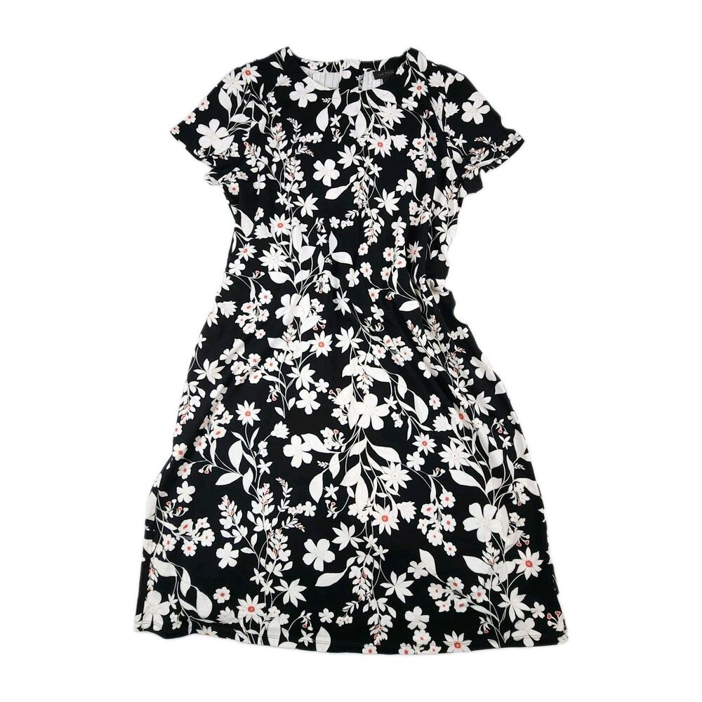 J.Jill Black Floral Dress Wearever Short Sleeve Shift Womens M NWT Relaxed Crew